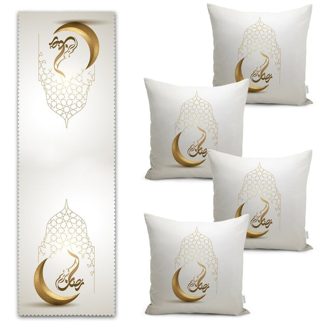 Modern Runner and Cushion Pillow Cover Set with Crescent Design and Ramadan Motif - TryAladdin