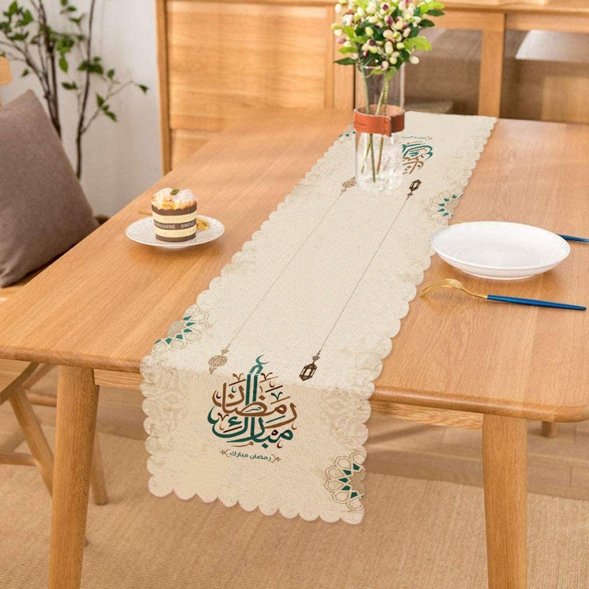 Mubarak Ramadan Motif Digital Printed Runner and Cushion Pillow Cover Set - TryAladdin