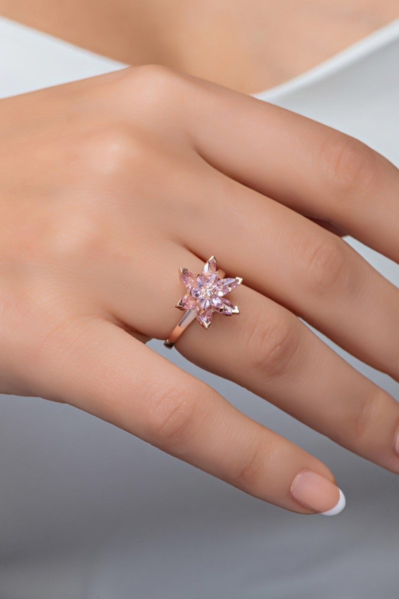 Nereze | Pink Stone Lotus Flower Adjustable Size Ring - TryAladdin