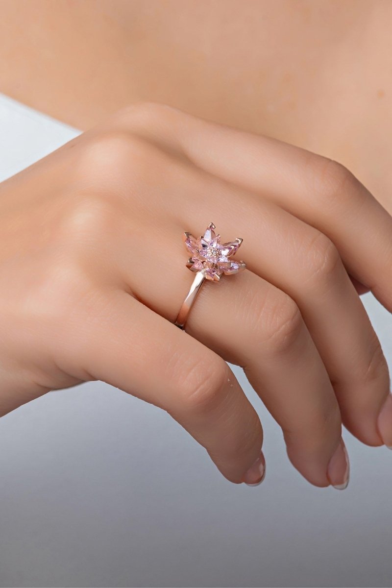 Nereze | Pink Stone Lotus Flower Adjustable Size Ring - TryAladdin