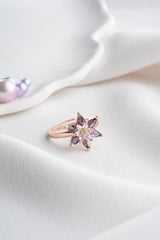 Nereze | Rose Purple and White Stone Lotus Flower Adjustable Size Ring - TryAladdin