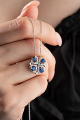 Nereze | Magnetized Detachable Rhodium Blue Zirconia Clover Necklace with 4 Hearts - TryAladdin