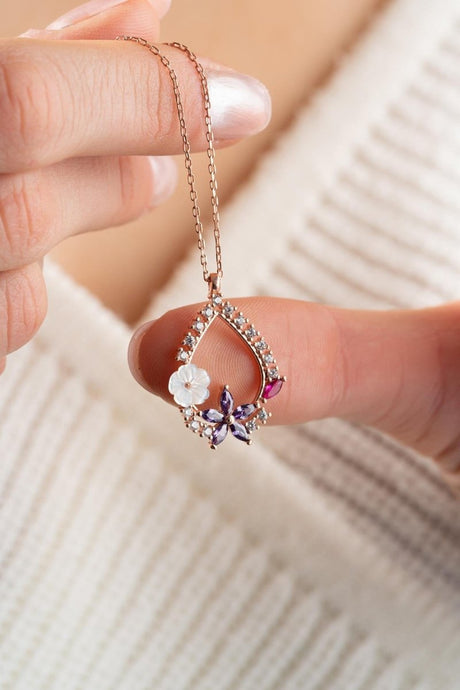 Nereze | Magnolia Blossom Purple Camellia Flower Detail Drop Necklace - TryAladdin