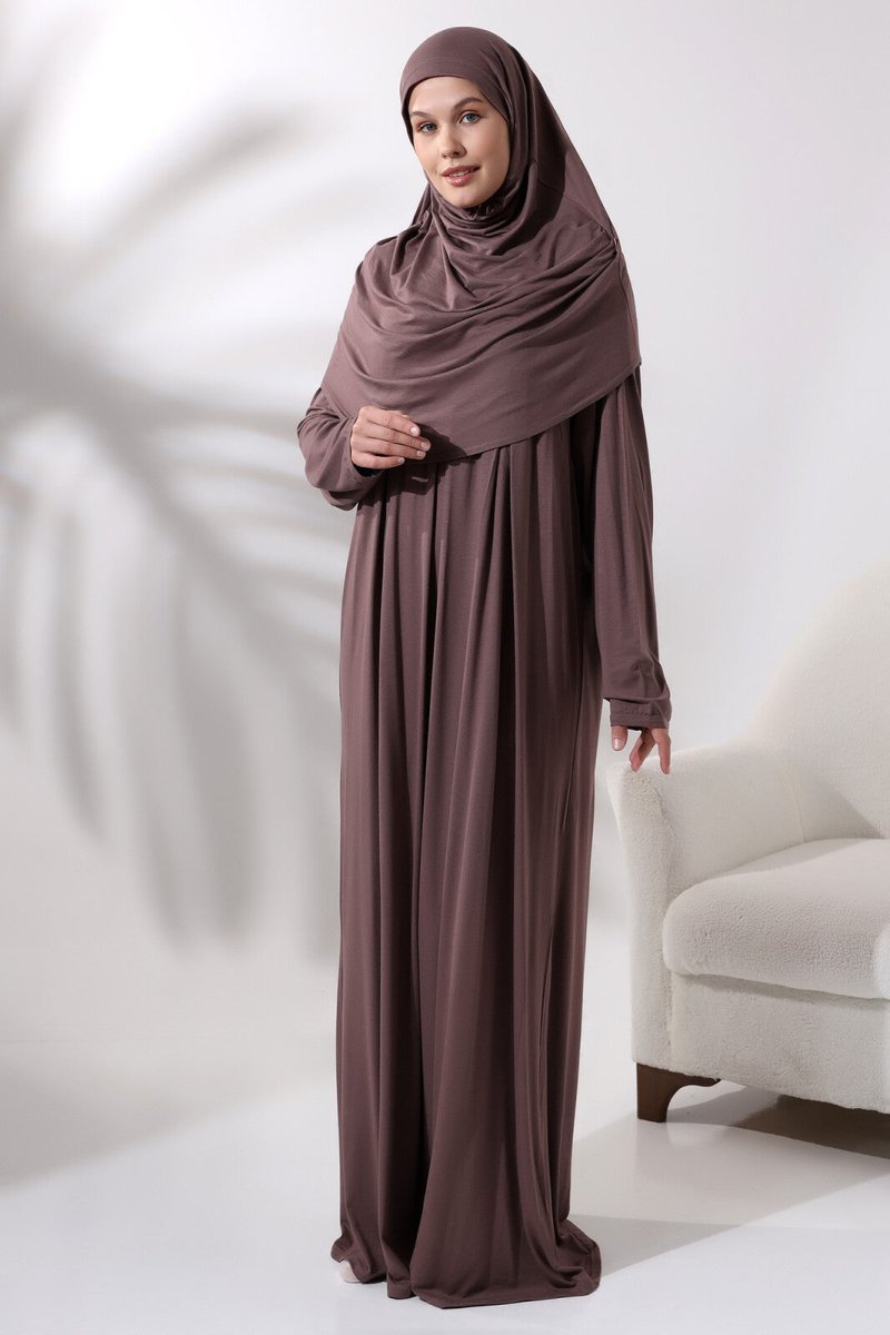 One Piece Practical Prayer Dress with Headscarf and Robe Milk Coffee - TryAladdin