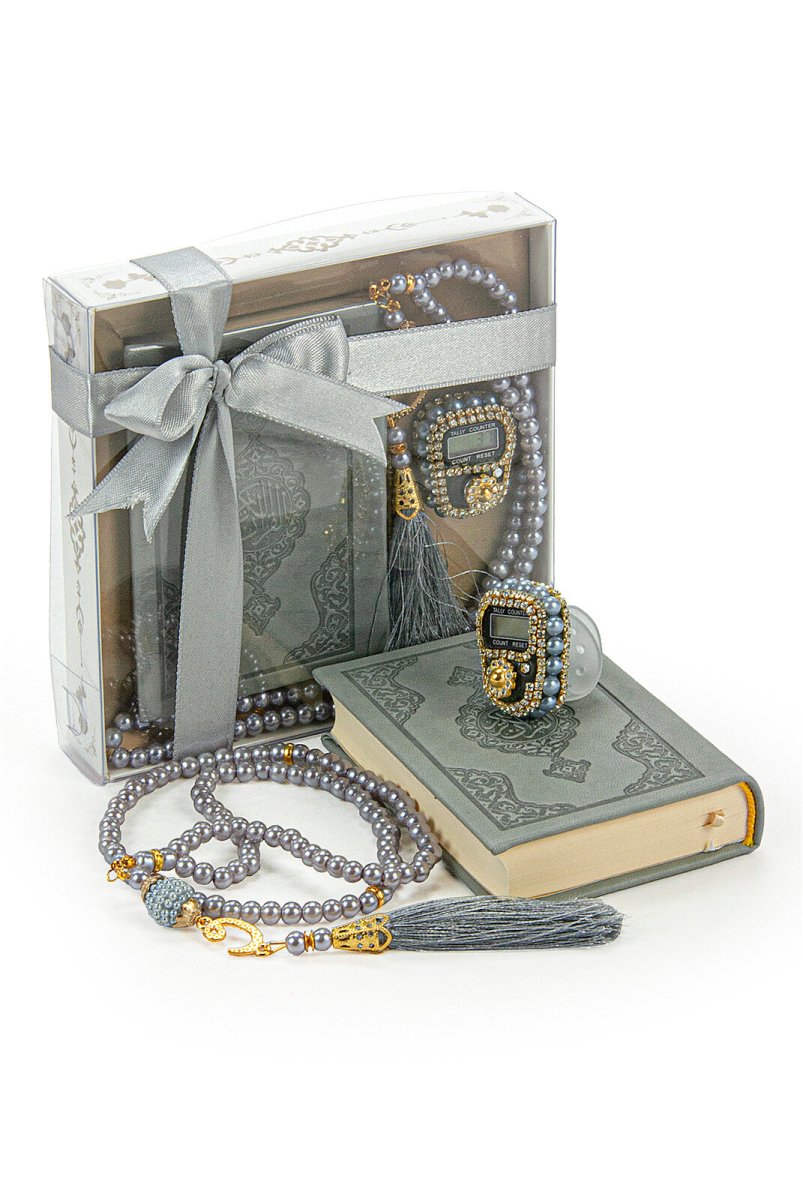 Pearl Tasbih and Grey Quran in Medina Fonts Gift Set Religious Gift - TryAladdin