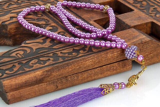 Pearl Tasbih with Waw and Ottoman Tugra, 99 Beads - Purple - TryAladdin