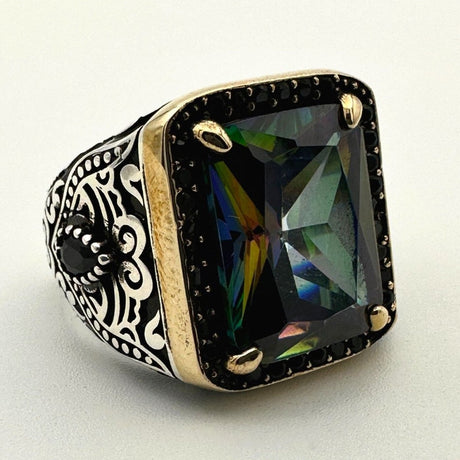 Rainbow Mystic Topaz Square Stone Men's Ring - TryAladdin