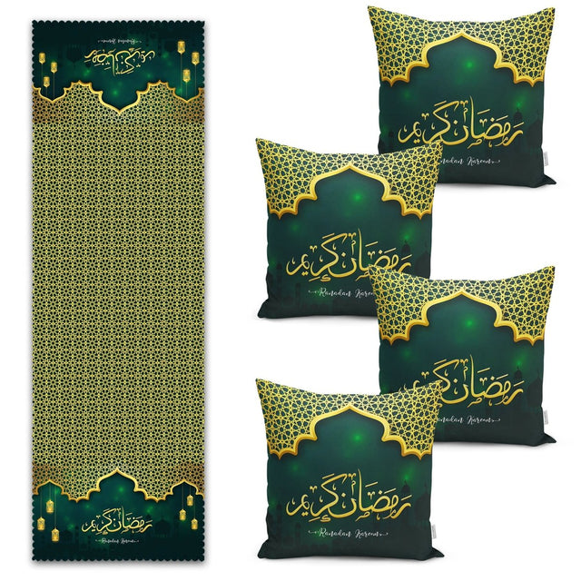 Ramadan Kareem Gold - Detail Digital Printed Runner and Cushion Pillow Cover Set - TryAladdin