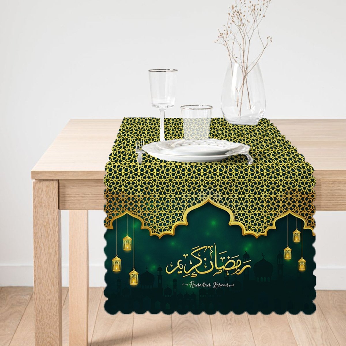 Ramadan Kareem Gold - Detail Digital Printed Runner and Cushion Pillow Cover Set - TryAladdin