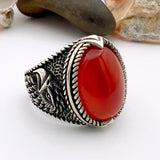 Red Oval Agate Stone Silver Men's Ring - TryAladdin