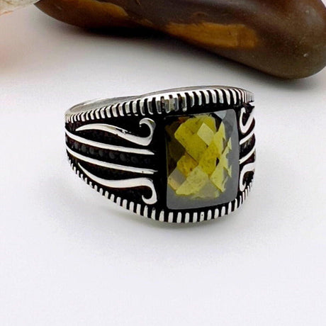 Square Yellow Amber Silver Ring - TryAladdin