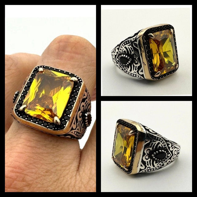 Square Yellow Citrine Stone Men's Ring - TryAladdin