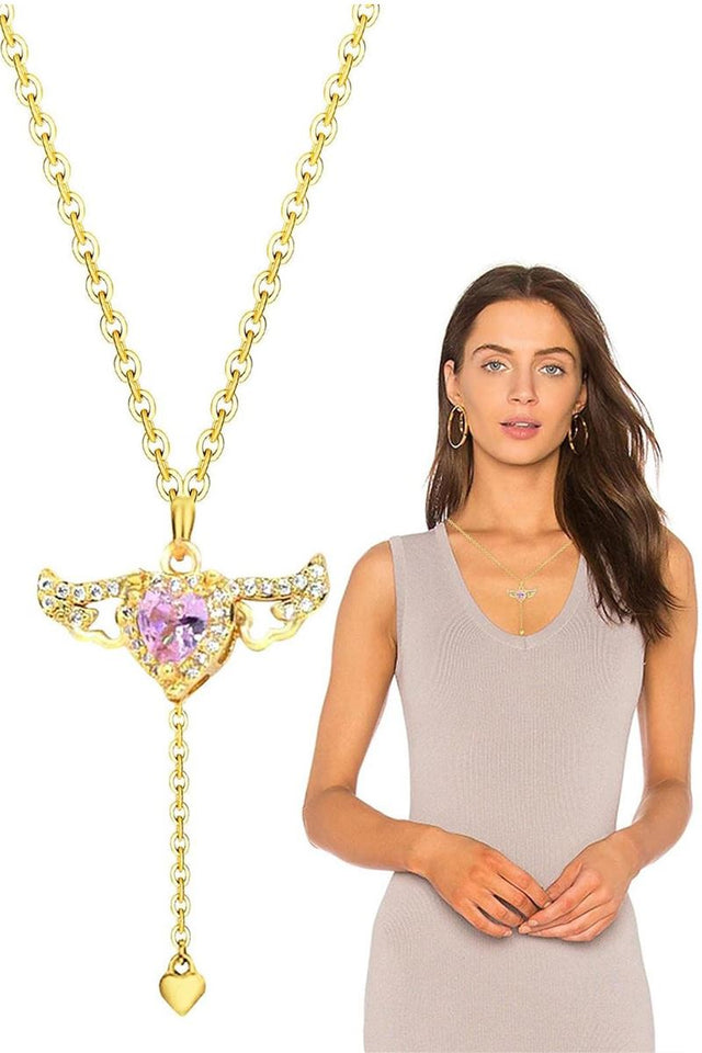 Taki | Pink Stone Women's Stainless Steel Necklace with Moving Wing Heart - TryAladdin