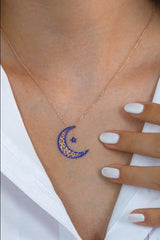 Taki | Silver Moon and Star Necklace Navy Blue Stone Valentine Gift - TryAladdin