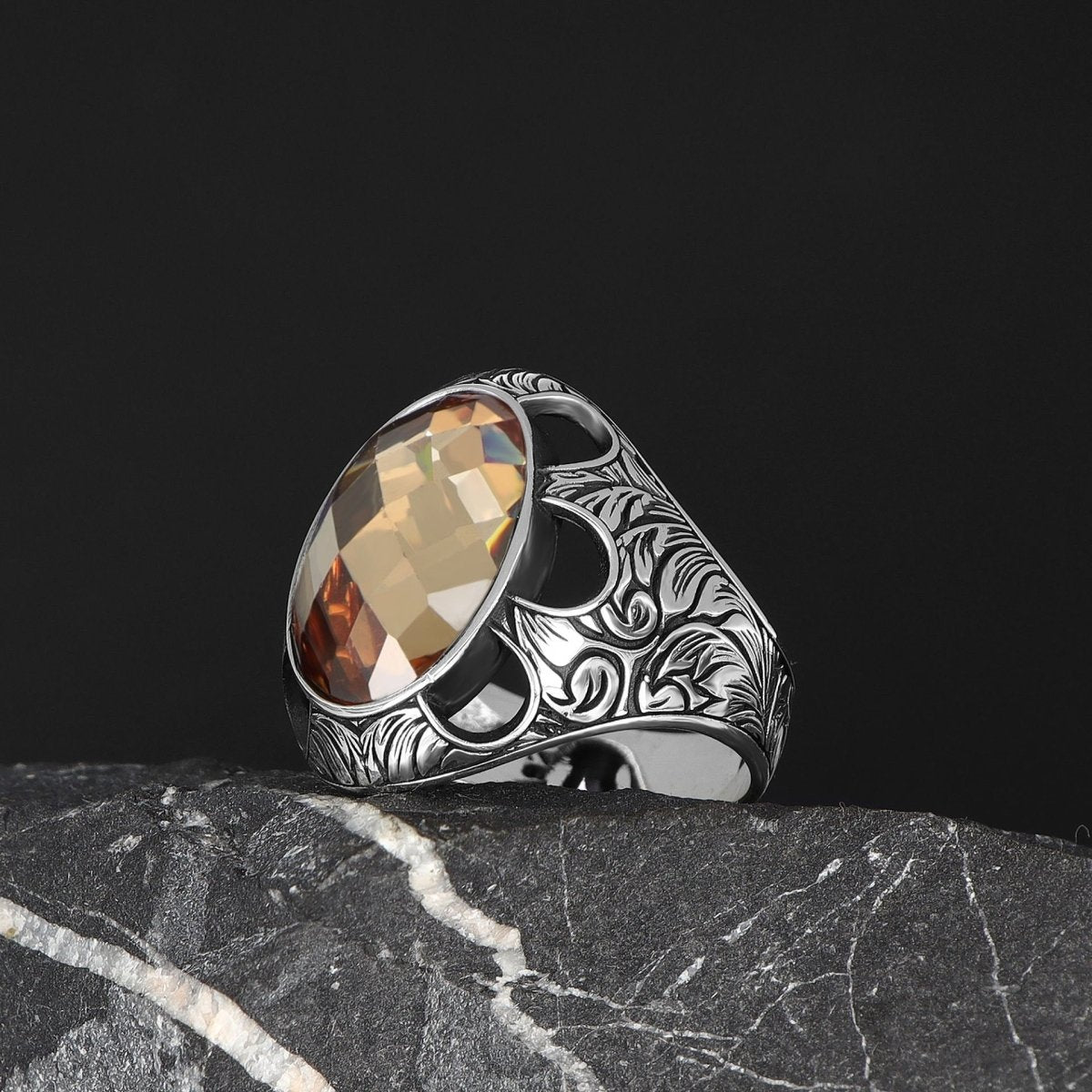 Tesbihevim | Patterned Model Citrine Stone Silver Ring for Men - TryAladdin