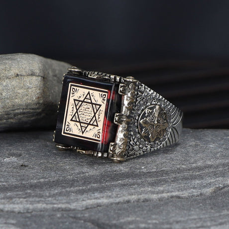 Tesbihevim | Silver Ring for Men with Seal of Solomon and Amber Stone - TryAladdin