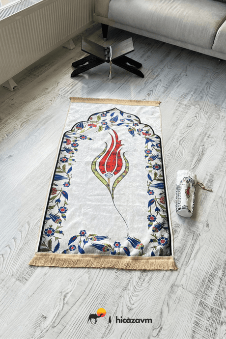 Tulip Marbled Prayer Rug with Bag (Blue and Red) - TryAladdin