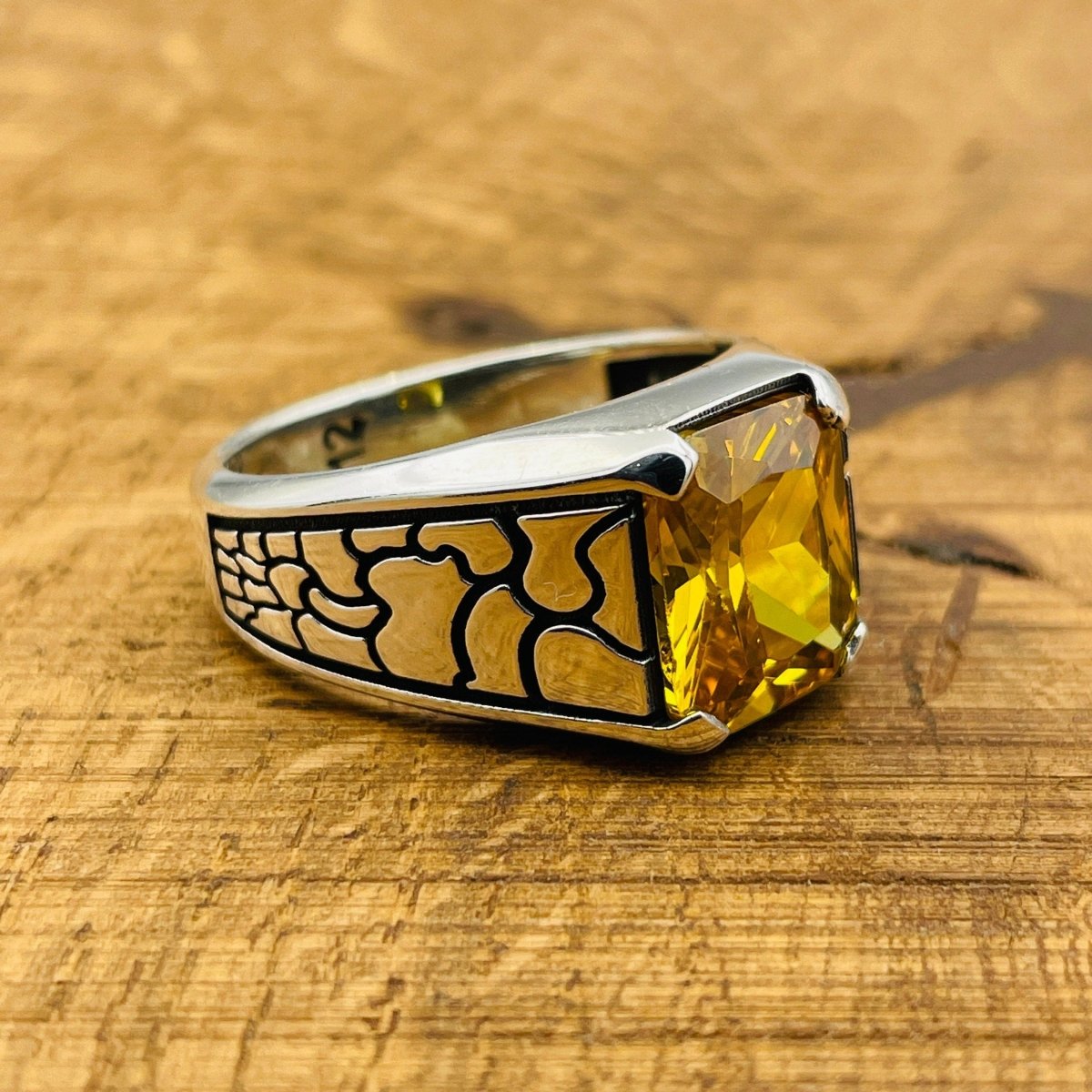 Yellow Citrine Stone Men's Silver Ring - TryAladdin