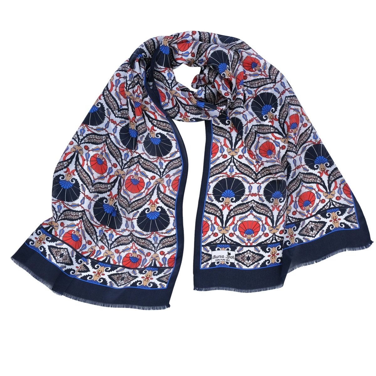 Karanfil Elegant Silk Scarf in Black, Orange & Blue - TryAladdin