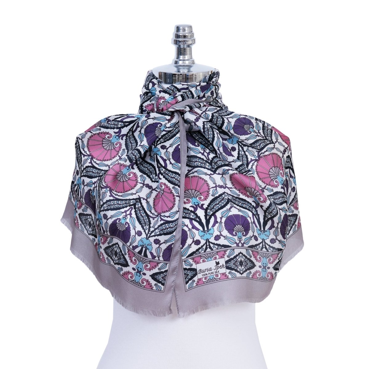 Karanfil Elegant Silk Scarf in Cream & Ash Gray - TryAladdin