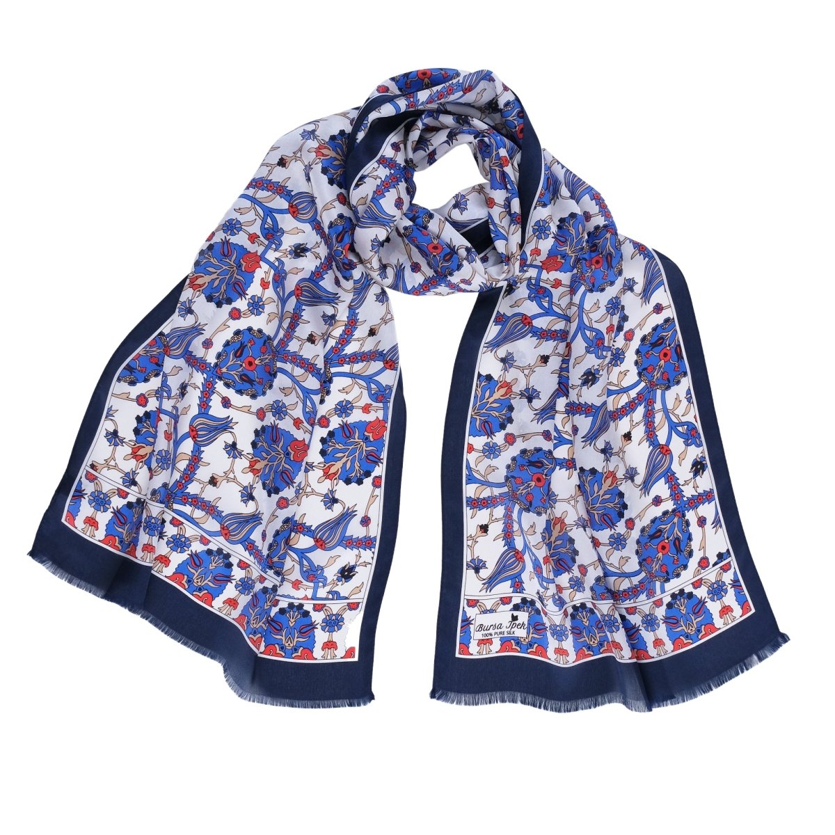 Lale Elegant Silk Scarf in Blue, Red & Cream - TryAladdin