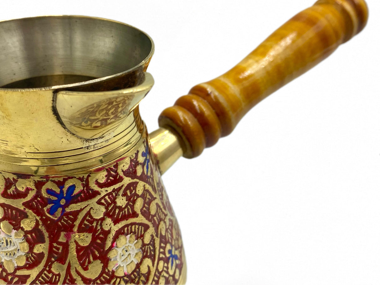 Lavina | Red Bronze Turkish Coffee Pot with Wooden Handle Indian Design (11 cm) - TryAladdin