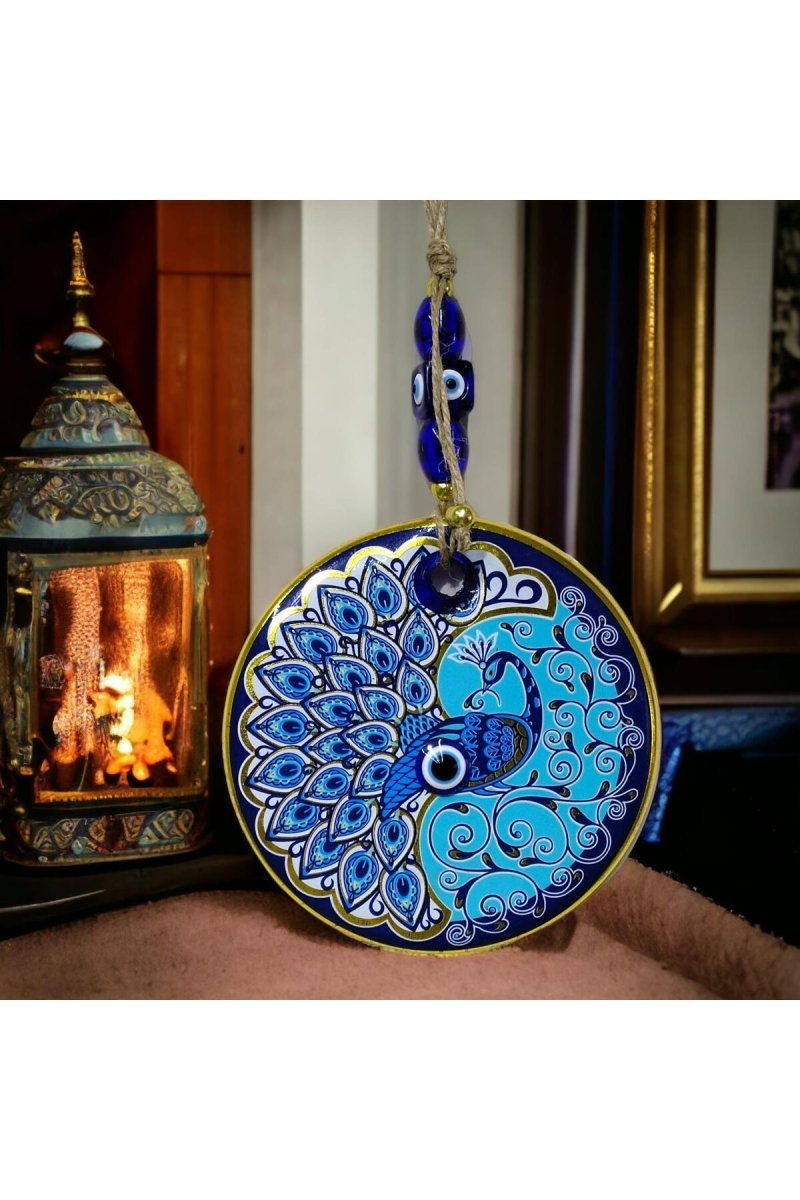 Gilded Nazar Beaded Peacock Glass Wall Ornament - TryAladdin