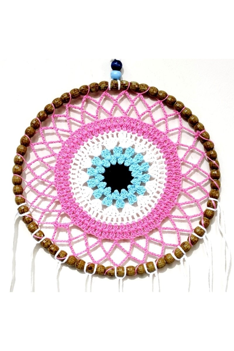 Nazar Bead Motif Dream Catcher Handmade Pink Wall Ornament - TryAladdin